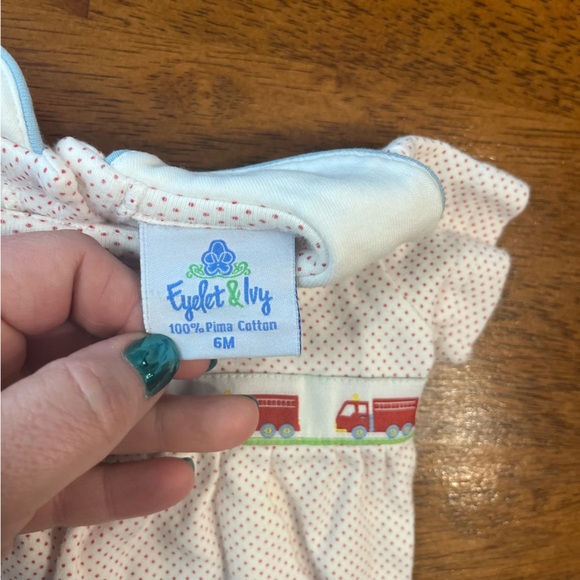 Eyelet and Ivy 100% Pima Red Polka Dot firetruck embroidered bubble size 6M - Picture 3 of 6